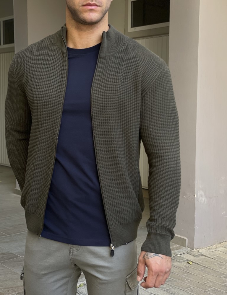 Ανδρική χακί πλεκτή ζακέτα με γιακά 24030X φωτογραφία